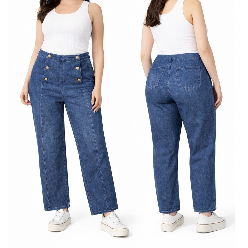 Belle Poque Women Sailor Jeans High Waist Wide Leg Button Front Denim Blue XL